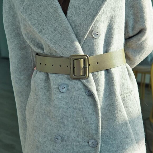 Women Wide Leather Belt Classic Solid Color Large Square Buckle Retro Cinch Belt - Picture 1 of 3